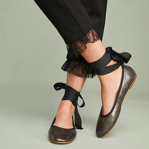 ANTHROPOLOGIE VANESSA WU "RIBBON - TIED BALLET FLATS" BLACK 39